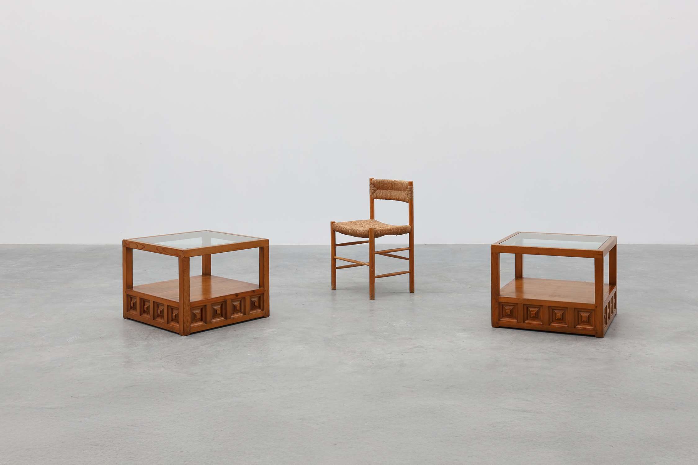 Pair geographical designed square Biosca coffee tables in pine wood, Spain 1960sthumbnail